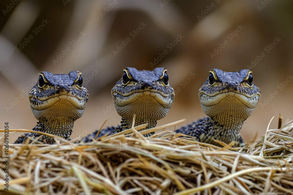 Three baby lizards are standing on a pile of straw. They are all facing the camera and appear to be curious about the photographer Three baby lizards are standing on a pile of straw. They are all facing the camera and appear to be curious about the photographer