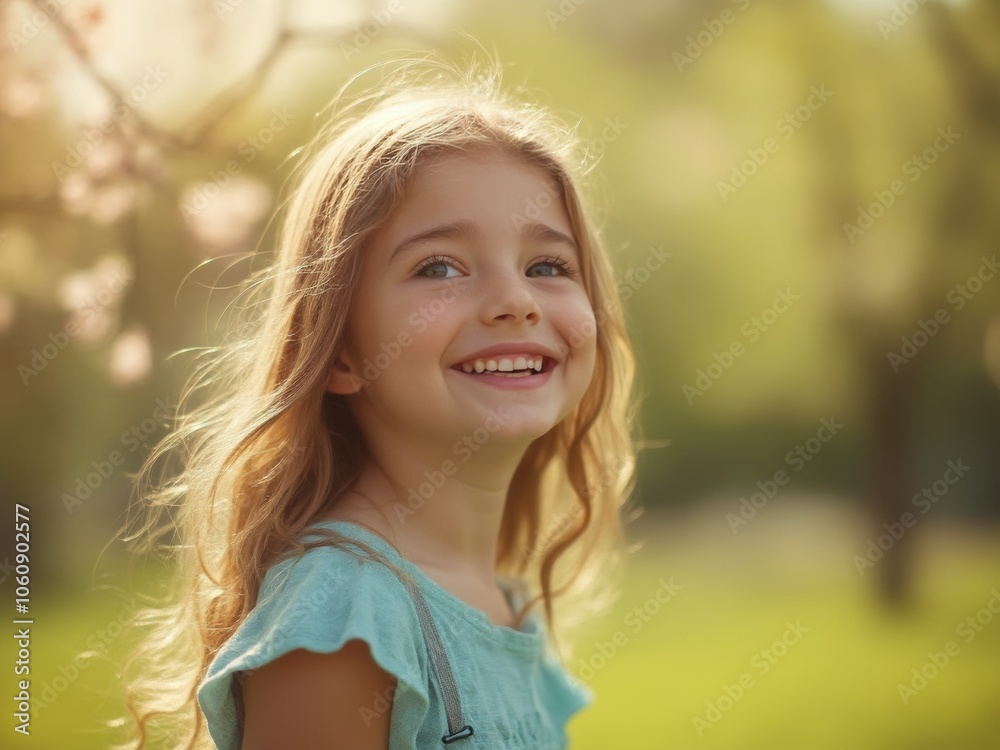 A Young Girl With Long Hair Smiles Joyfully in a Sunlit Park During Spring Surrounded by Blooming Flowers and Greenery A Young Girl With Long Hair Smiles Joyfully in a Sunlit Park During Spring Surrounded by Blooming Flowers and Greenery
