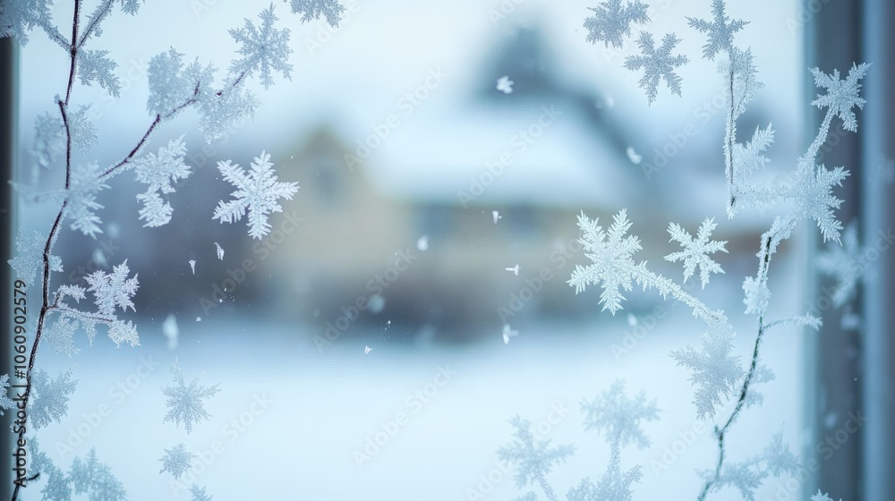 Frosty Windowpane with Snowflakes. Frosty Windowpane with Snowflakes.