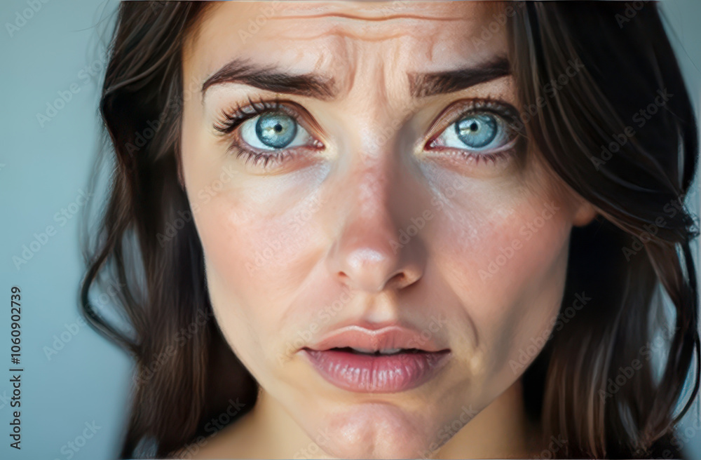 Troubled Female Face with Blue Eyes Expressing Emotions of Distress, Suffering, Pain, Anger, Aggression Troubled Female Face with Blue Eyes Expressing Emotions of Distress, Suffering, Pain, Anger, Aggression