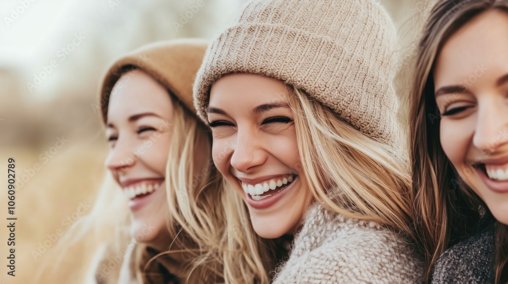 Fototapeta premium Happy women friends laughing and smiling outdoors with an autumn landscape in the background. A portrait of a female lifestyle.