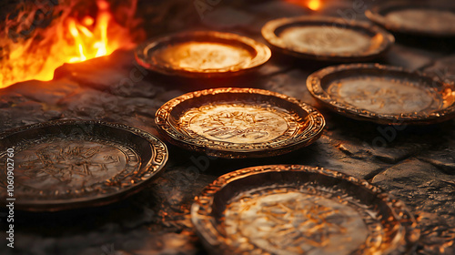 Various plates arranged beside the fire in the temple used for dahabe, a biblical ritual of offering gold and other items. photo