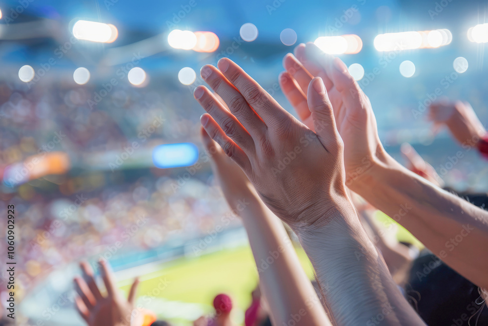 Excited fans clapping and cheering at a soccer match, vibrant atmosphere in the stadium