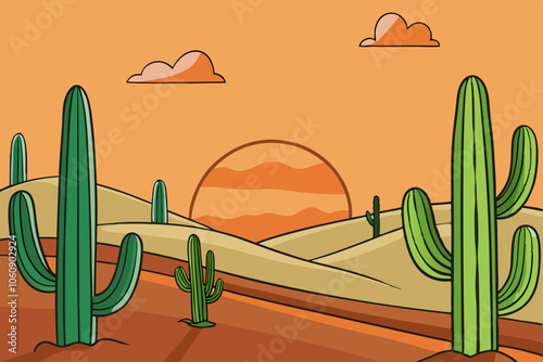 Desert sunset landscape with large cacti in the foreground, sand dunes, and a sun dipping below the horizon