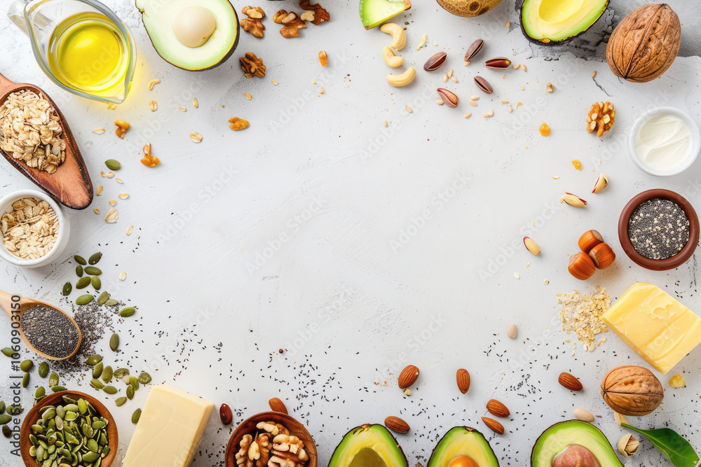 A vibrant display of fresh avocados, almonds, and peanuts arranged on a white background, highlighting their rich sources of healthy fats and fiber, perfect for a gourmet keto snack