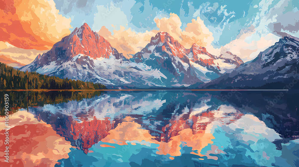 Fototapeta premium Mountain lake reflection: a crystal-clear mountain lake reflecting the towering snow-capped peaks and a vibrant sky. Mirror Lake. Illustration