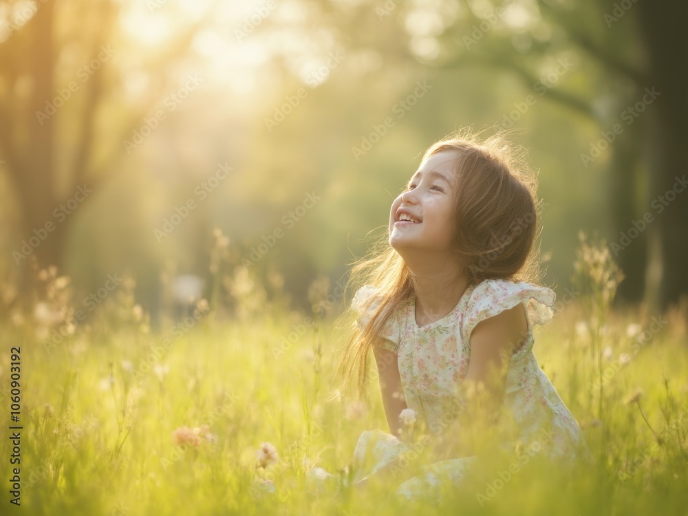 A Joyful Girl Smiles in a Sunlit Meadow Surrounded by Flowers During a Warm Afternoon in Spring A Joyful Girl Smiles in a Sunlit Meadow Surrounded by Flowers During a Warm Afternoon in Spring