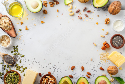 A vibrant display of fresh avocados, almonds, and peanuts arranged on a white background, highlighting their rich sources of healthy fats and fiber, perfect for a gourmet keto snack
