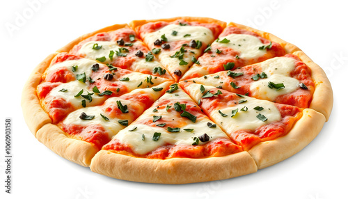 Cheese pizza topped with oregano. A popular fast food dish made of dough with baking. Triangular sliced pizza. 3d rendering isolated with white shades, png