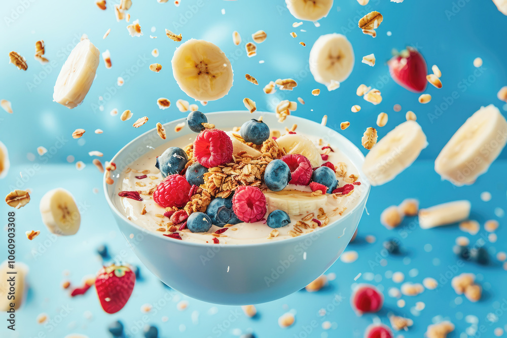 bowl with flying muesli and other ingredients such as fresh berries and banana slices, perfect for a healthy breakfast