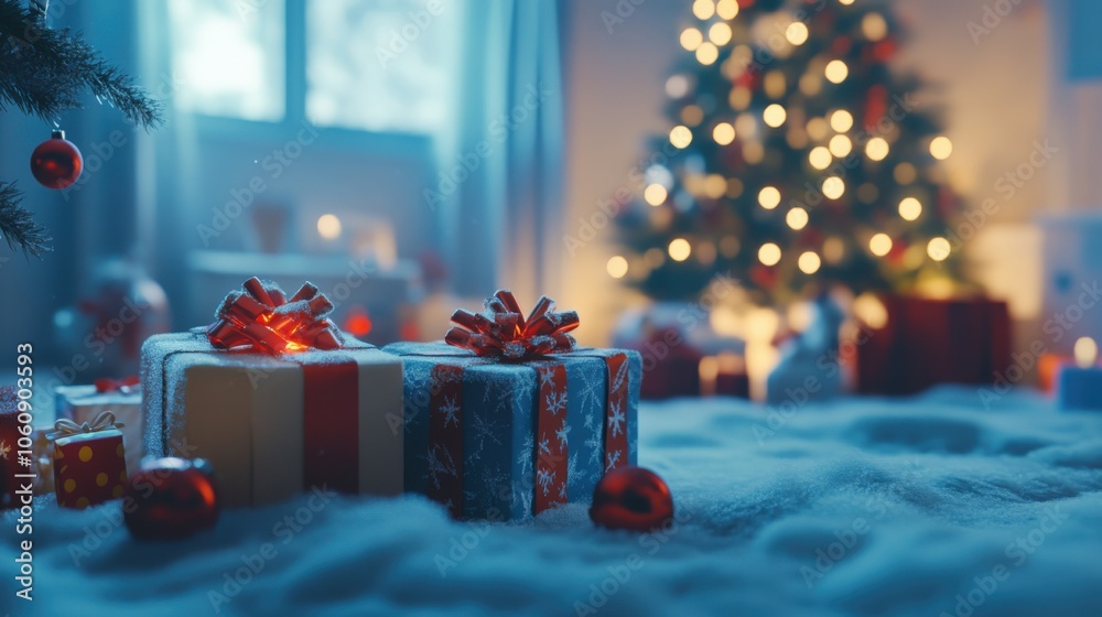 Christmas Gifts Under a Snowy Christmas Tree. Christmas Gifts Under a Snowy Christmas Tree.