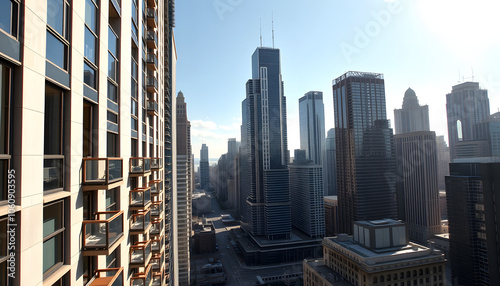 Rising along the beautiful high-rise building with open balconies. Revealing view on Chicago downtown with stunning skyscrapers on sunny day isolated with white shades, png photo