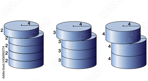  Cylinder volume formula, calculation. Slices, bases, parts find method. Circular right cylinder of height h and diameter. Geometry maths. Examples, coins Vector illustration