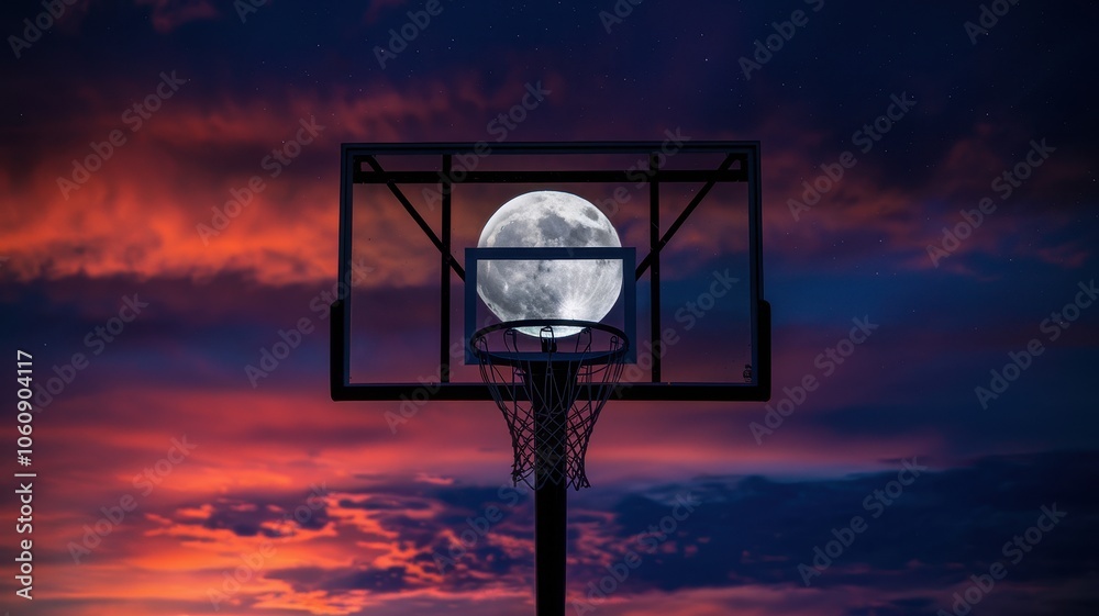 Basketball Hoop with Vibrant Sunset Sky at Twilight Basketball Hoop with Vibrant Sunset Sky at Twilight