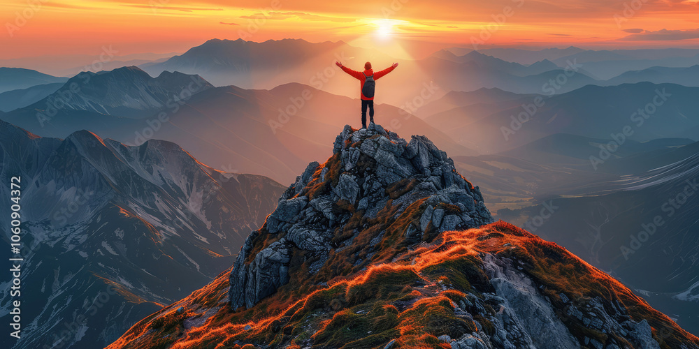 Hiker standing triumphantly at the peak of a mountain during sunrise, silhouetted against the sun, celebrating the success of their adventure