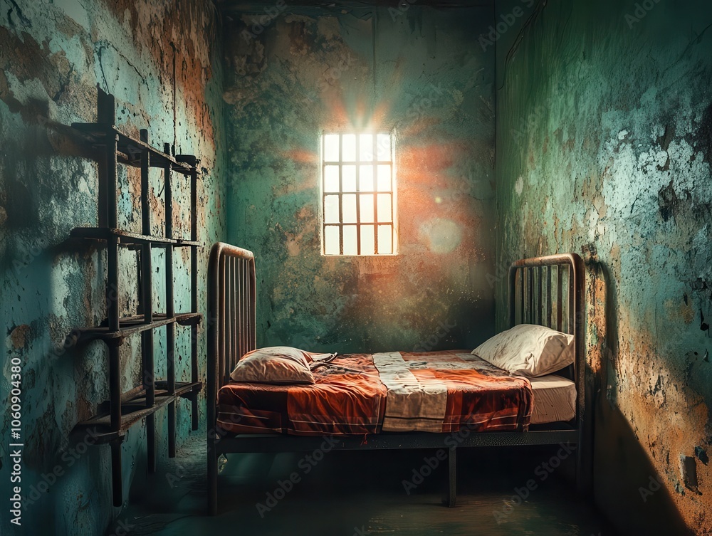 A single bed in a prison cell, with a small barred window letting in a ...