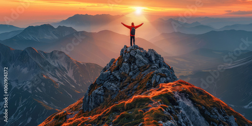 Obraz na płótnie Hiker standing triumphantly at the peak of a mountain during sunrise, silhouetted against the sun, celebrating the success of their adventure w salonie