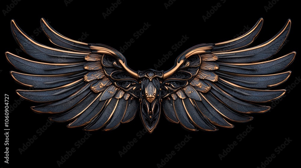 A pair of metallic wings with a black and gold finish are spread wide, isolated on a black background.
