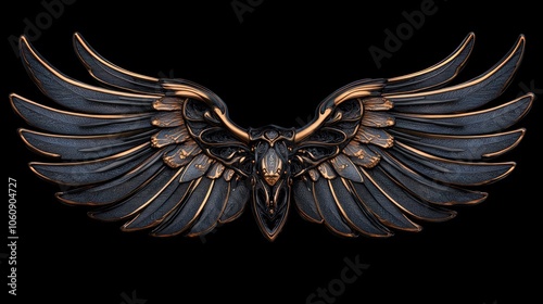 Obraz na płótnie A pair of metallic wings with a black and gold finish are spread wide, isolated on a black background. w salonie