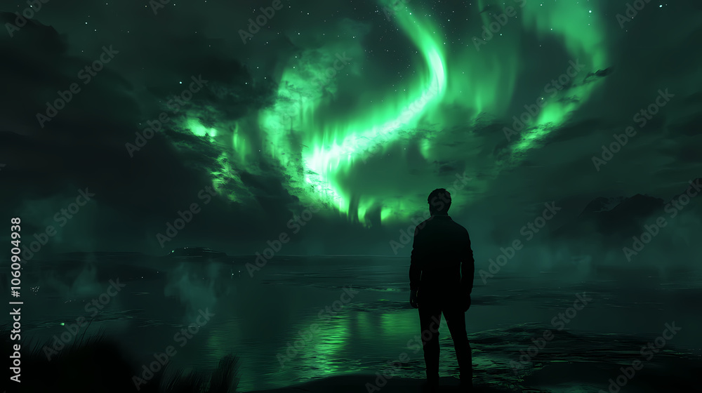 Green aurora shine in the night sky, reflections in calm water, very twisty aurora fills the sky. Aurora Borealis Reflection. Illustration Green aurora shine in the night sky, reflections in calm water, very twisty aurora fills the sky. Aurora Borealis Reflection. Illustration