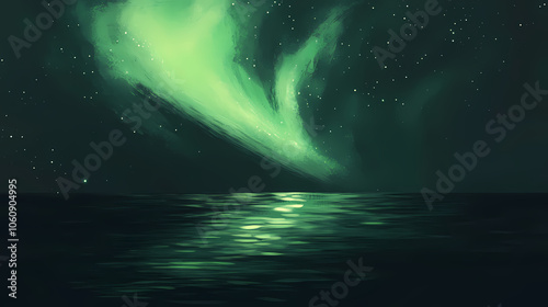 Green aurora shine in the night sky, reflections in calm water, very twisty aurora fills the sky. Aurora Borealis Reflection. Illustration