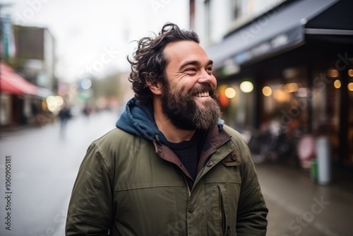 Portrait of a handsome man with long beard and mustache laughing in the city