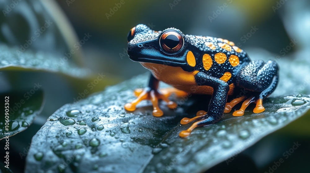 A vibrant orange and black poison dart frog perched on a green leaf with water droplets. A vibrant orange and black poison dart frog perched on a green leaf with water droplets.