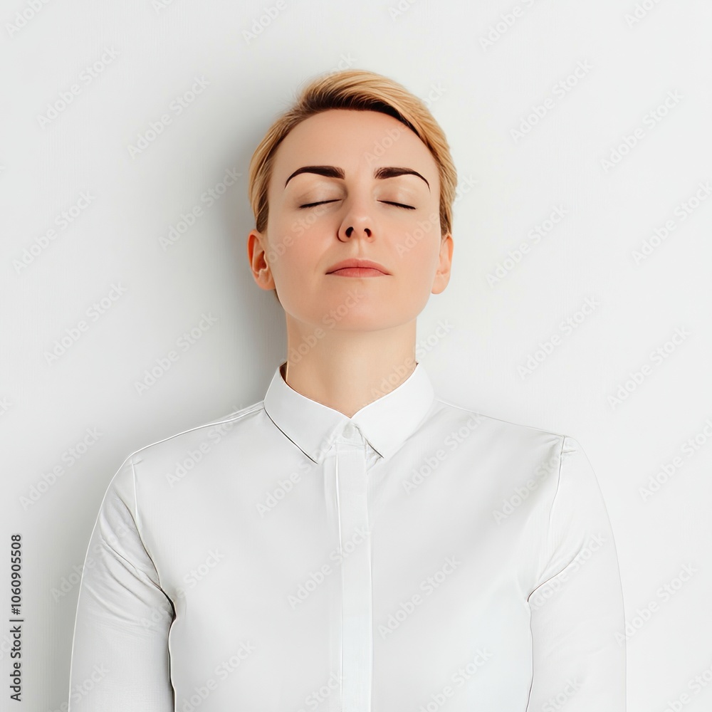 A young woman with short blonde hair, wearing a white shirt, lies with her eyes closed against a white wall. A young woman with short blonde hair, wearing a white shirt, lies with her eyes closed against a white wall.