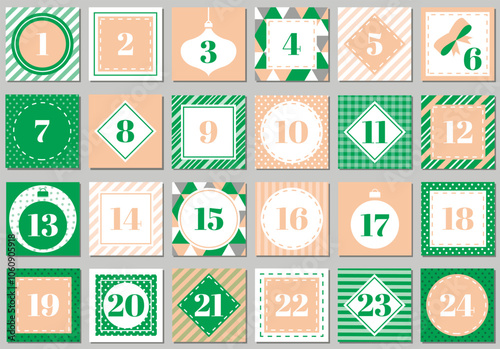 December advent calendar. Christmas poster countdown printable tags numbered poster with xmas ornament - Polkadot, Gingham, Triangles, Diagonal, Horizontal and Vertical Stripes.