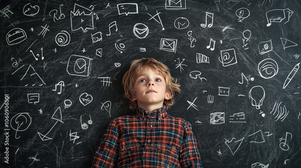 An elementary boy is positioned at the center of a chalkboard filled with social media and tech-related icons, symbolizing his digital connection to modern communication and entertainment An elementary boy is positioned at the center of a chalkboard filled with social media and tech-related icons, symbolizing his digital connection to modern communication and entertainment