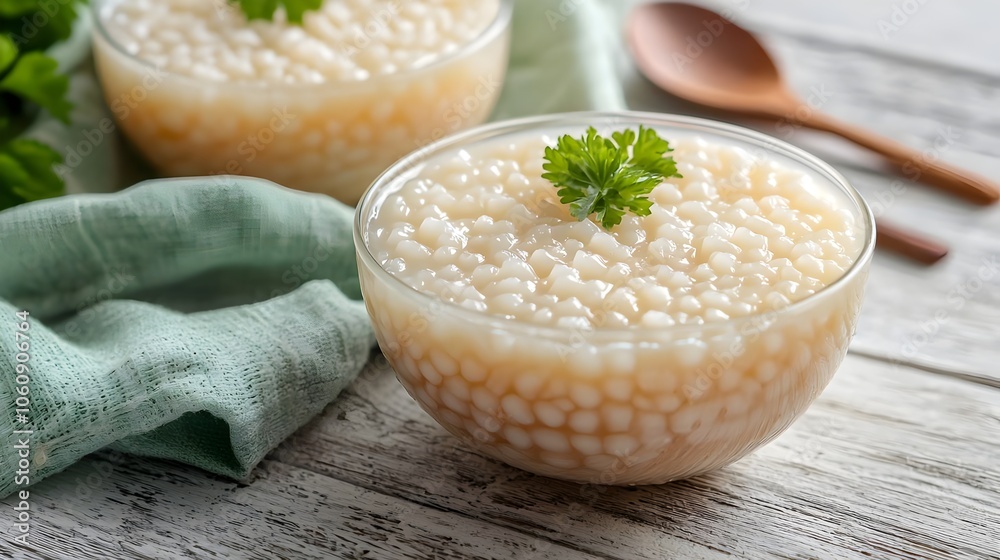 Cambodian Tapioca Pearl Pudding with Mint Garnish Cambodian Tapioca Pearl Pudding with Mint Garnish