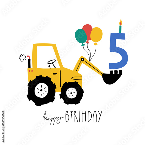 Fifth birthday. Hand drawn happy birthday card with cute cartoon car tractor with balls, candle and lettering Happy Birthday. Vector illustration. Baby boy greeting card for 4th birthday