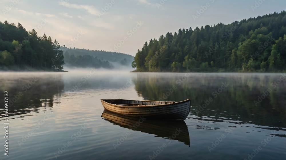 A serene wooden boat floating on a misty lake at dawn surrounded by lush forest and calm waters in early morning light A serene wooden boat floating on a misty lake at dawn surrounded by lush forest and calm waters in early morning light