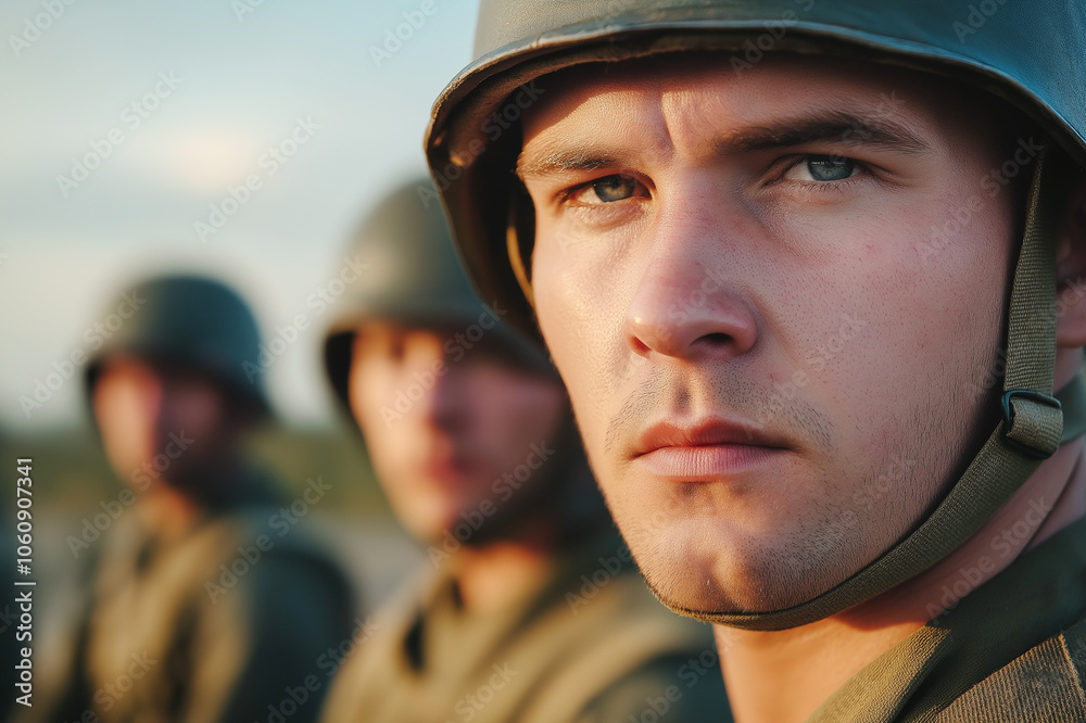 Close-up of a young soldier in uniform staring intensely forward with determination during a moment of reflection. The background includes fellow soldiers slightly out of focus. Close-up of a young soldier in uniform staring intensely forward with determination during a moment of reflection. The background includes fellow soldiers slightly out of focus.