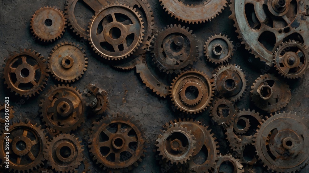 A detailed arrangement of various rusty gears on a dark surface, showcasing vintage mechanical components in a workshop setting A detailed arrangement of various rusty gears on a dark surface, showcasing vintage mechanical components in a workshop setting