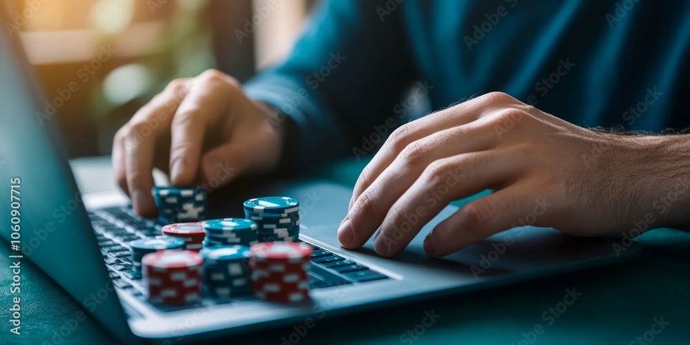 Fototapeta premium A man's hands are seen on a laptop computer with poker chips scattered around. The man is likely playing online poker.