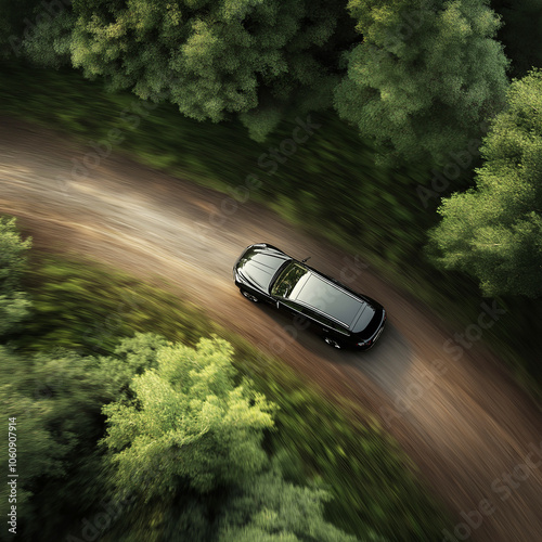 A car seen from above driving along a narrow forest path, surrounded by dense greenery and shadows, giving a sense of seclusion and adventure in nature.