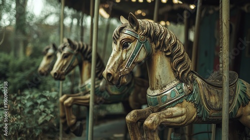 A weathered carousel horse stands still, a reminder of happier times.