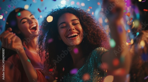 Friends celebrating New Year's Eve with laughter and dancing amid falling confetti and colorful lights