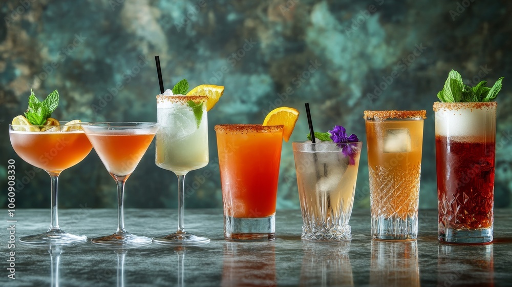 Fototapeta premium Exquisite Craft Cocktails in Elegant Glasses with Unique Garnishes