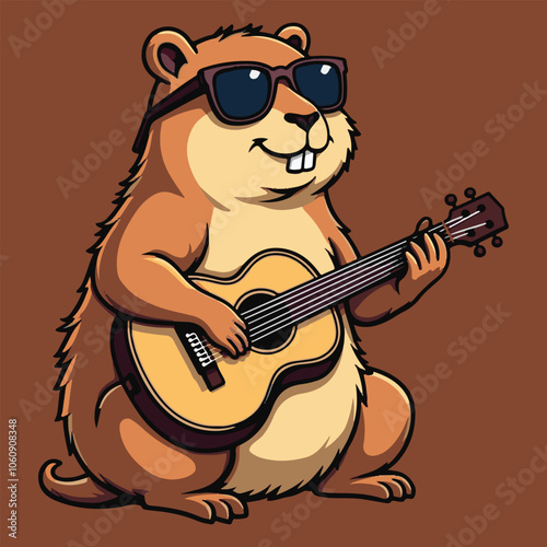 Cool Cartoon Capybara Playing Acoustic Guitar in Sunglasses – Whimsical Musician Character Illustration in Vector Style with a Lighthearted Folk Vibe