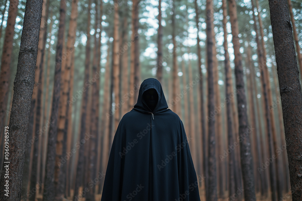 A mysterious figure in a black cloak standing in a dense forest surrounded by tall pine trees, evoking a sense of mystery and solitude in nature. A mysterious figure in a black cloak standing in a dense forest surrounded by tall pine trees, evoking a sense of mystery and solitude in nature.