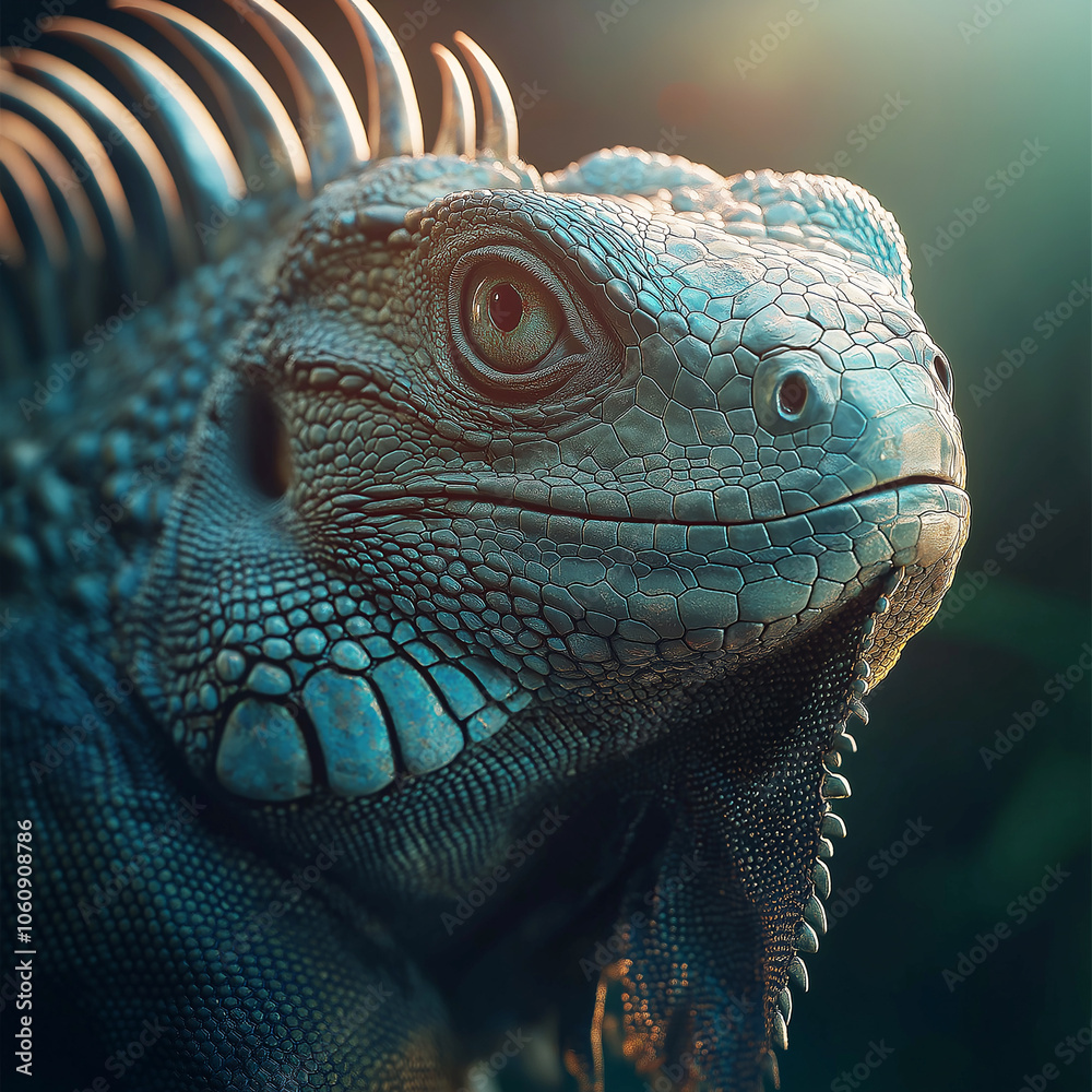 Fototapeta premium Close-up of a large iguana with intricate scales and a sharp expression, set against a blurred natural background highlighting its reptilian features.