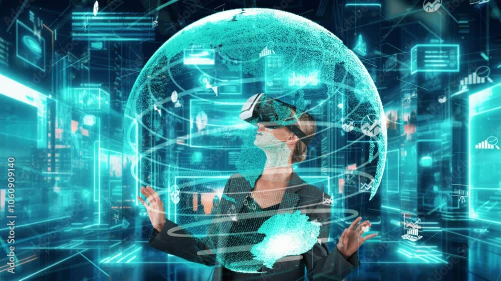 Businesswoman looking around analyzed world circle finance data graph turn on through VR glasses global market interface digital infographic network technology visual hologram animation. Contraption. Businesswoman looking around analyzed world circle finance data graph turn on through VR glasses global market interface digital infographic network technology visual hologram animation. Contraption.