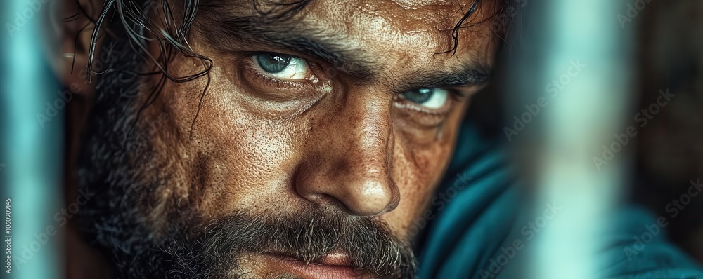 Closeup portrait of a man with a beard, looking intensely through bars. Closeup portrait of a man with a beard, looking intensely through bars.