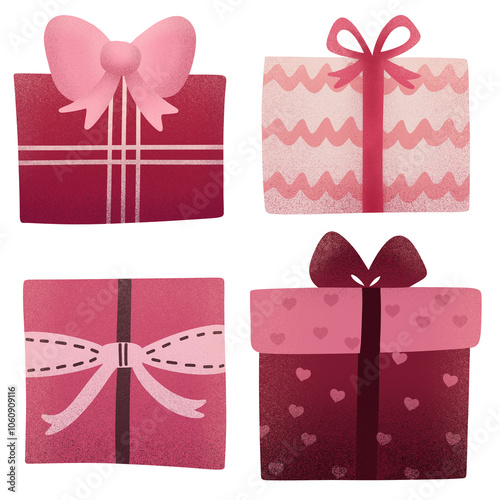 Four pink gift boxes different designs for valentine’s day, illustration set, collection isolated