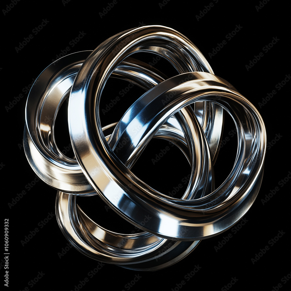 A close-up of intertwined shiny metallic rings against a black background, creating an elegant and abstract concept. The reflective surface adds a sophisticated aesthetic. A close-up of intertwined shiny metallic rings against a black background, creating an elegant and abstract concept. The reflective surface adds a sophisticated aesthetic.