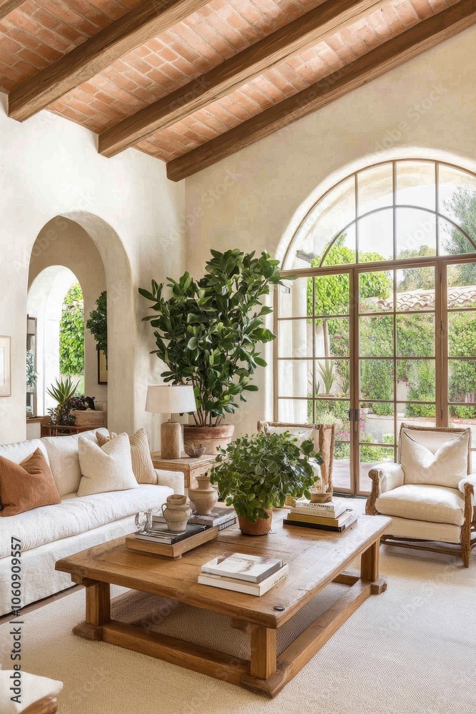 Cozy and Inviting Mediterranean-Style Living Room with Beamed Ceiling