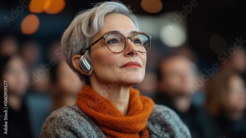 audiology technology, a person in their middle years, wearing hearing aids behind their ears, attending a lecture