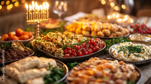 Hanukkah feast features symbolic dishes on a table next to menorah and festive decor photo